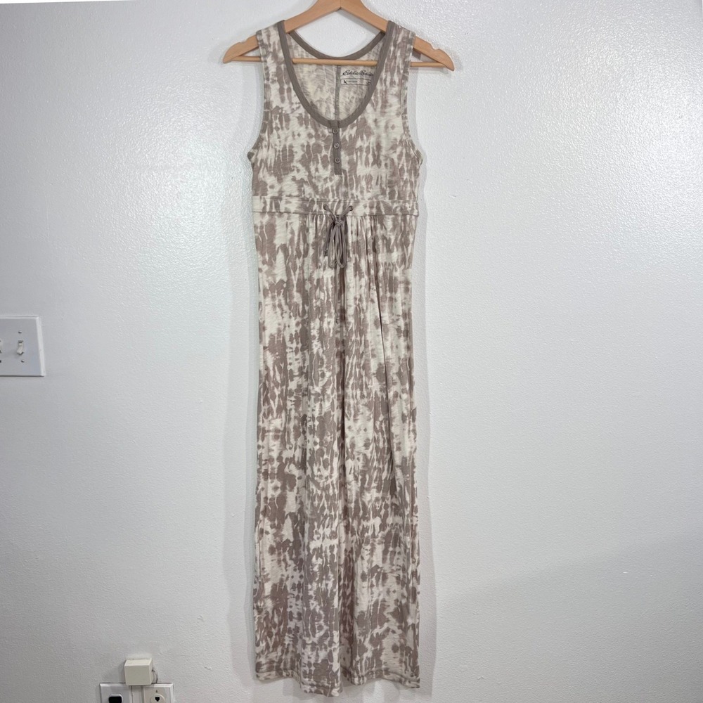 Eddie‎ Bauer Outdoor Women's XS Gray Tie Dye Cotton Maxi Dress Henley Drawstring